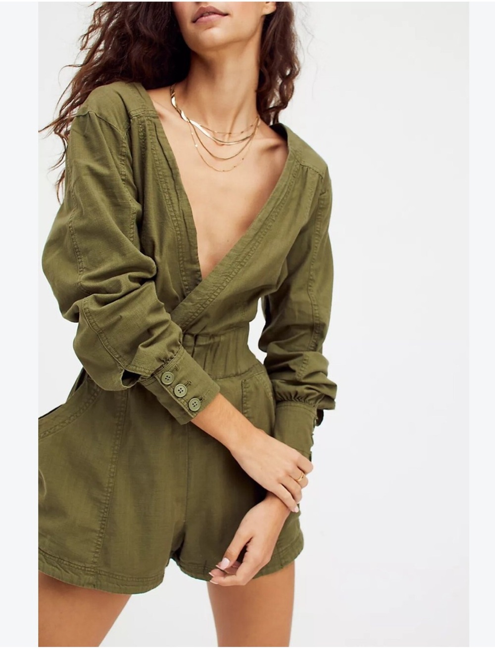 NEW FREE PEOPLE Woven BESIDE YOU Olive Green Shortall Romper